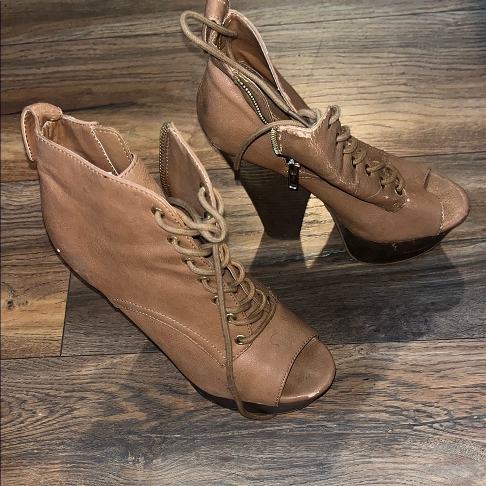 Brown Lace-Up Peep Toe Wedge Boots